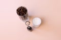 Milk foam maker with glass of milk on pink peach background Royalty Free Stock Photo