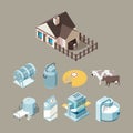 Milk food factory. Dairy healthy farm products cheese milk yogurt production technology vector isometric