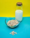Milk in a glass bottle and oatmeal on a bright background. Royalty Free Stock Photo