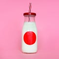 Milk glass bottle with straw isolated on pink background Royalty Free Stock Photo