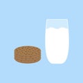 Milk in glass and cookies with chocolate chip isolated on white background. Flat tasty breakfast. Vector illustration Royalty Free Stock Photo