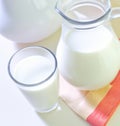 Milk in a glass cup and carafe, top view. Red napkin on a white table. Template for advertising dairy natural products