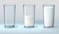 Milk glass. Half cup, empty and full, transparent water drink, cow beverage, bottle, morning dairy beverage product