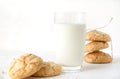 milk in a glass, some cookies on a white background