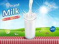 Milk glass with splash isolated on bokeh background with cows. Milk products package design. dairy Vector illustration