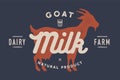 Milk, goat. Logo with goat silhouette, text Milk, Dairy farm Royalty Free Stock Photo