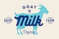 Milk, goat. Logo with goat silhouette, text Milk, Dairy farm