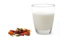 Milk and grains such as almonds, dried raisins, sunflower seeds, dried strawberries, nuts