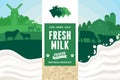 Milk illustration. Rural landscape. Milk splash Royalty Free Stock Photo