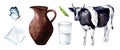 Milk jug, cow, daisies and checkered napkins. Village style Royalty Free Stock Photo