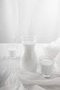 Milk in a jug and glasses on a white background. Tablecloth. Flowers . copy space Royalty Free Stock Photo