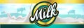 Milk label design banner with milk splash, landscape and cow Royalty Free Stock Photo