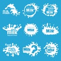 Milk logo. Cheese lecho or yoghurt splashes fresh farm dairy products badges design vector collection