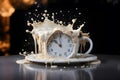 Milk mug and clock. splashed milk on the table. The idea is wake time, active, appointment, work, business. Generative Ai.