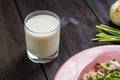 Milk, mushrooms and green onions on the table and a fragment of a plate with pasta in a creamy sauce