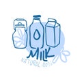 Milk natural product logo symbol. Colorful hand drawn illustration