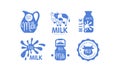 Milk natural products logos set, fresh dairy food label, emblem design in blue colors vector Illustration on a white