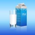 Milk pack realistic with glass cup on blue background. Vector template