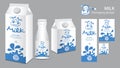 Milk package design, milk label design, Milk boxes set and bottle vector, box realistic 3d illustration, creative packaging