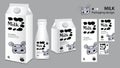 Milk package design, milk label design, Milk boxes set and bottle vector, box realistic 3d illustration, creative packaging