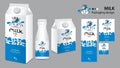 Milk package design, milk label design, Milk boxes set and bottle vector, box realistic 3d illustration, creative packaging