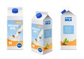 Milk packaging design. Realistic almonds drink boxes different angles view, natural vegan beverages, 3d pack with white splash,