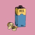 Milk packaging products on pink background. Colorful vector hand drawn illustration.