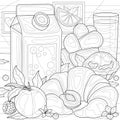 Milk with pastries and fruits.Coloring book antistress for children and adults. Royalty Free Stock Photo