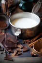 Milk in a pot, dark chocolate, cinnamon and star anise Royalty Free Stock Photo