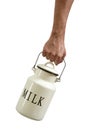 Milk pot urn in farmer hands isolated on white