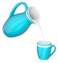 Milk is poured from a blue jug into a mug.