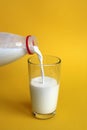 Milk is poured from a bottle into a glass Royalty Free Stock Photo