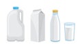 Milk Poured in Carton, Bottle and Glass Vector Set