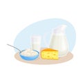 Milk Poured in Glass Jug and Cheese Slab Vector Composition