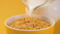 Milk pouring into bowl of corn flakes Royalty Free Stock Photo