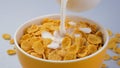 Milk pouring into bowl of corn flakes Royalty Free Stock Photo