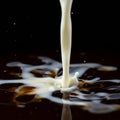 Milk is pouring into a dark liquid, likely coffee, creating a splash and mixing. The Royalty Free Stock Photo
