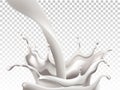 Milk pouring down and making big splashes. Realistic Royalty Free Stock Photo