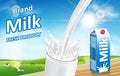 Milk pouring down with splash isolated on bokeh background with cows. Paper carton milk products package design. dairy