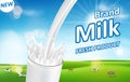 Milk pouring down with splash isolated on bokeh background with green grass. Milk products package design. dairy Vector