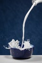 Milk pouring out of bottle and splashing in a bowl Royalty Free Stock Photo