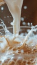 Milk pouring to coffee and splashing over the cup. AI generated. Royalty Free Stock Photo