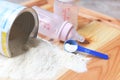 Milk powder can with spoon and baby bottle milk on wooden table Royalty Free Stock Photo