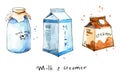 Milk prducts in various packaging watercolor sketch