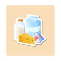 Milk product sticker illustration. Package, bottle, cheese, diary. Editable vector graphic design.