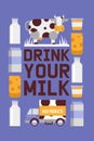 Milk products farm promo vector poster. Dairy milk products in truck, hard cheese, milk in jug or pack with curd in bowl