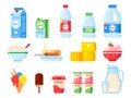 Milk products. Healthy diet yogurt, ice cream and milk cheese. Fresh dairy product isolated vector flat icons collection