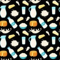 Milk products pattern. Seamless print with dairy food and drinks. Liquid splashes and drops. Sour cream. Cheese pieces