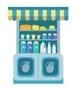Milk products showcase, dairy shelf in the store. Supermarket, department. Cheese and . Vector illustration Royalty Free Stock Photo