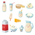 Milk Products With Smiles Cartoon Set